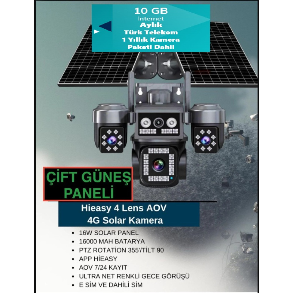 1 yıllık türk telekom paket dahil 4 kameralı 12mp 4G Solar 4 Lensli Sim Kartlı Çift Güneş Panelli Güvenlik Kamerası RX204GS
