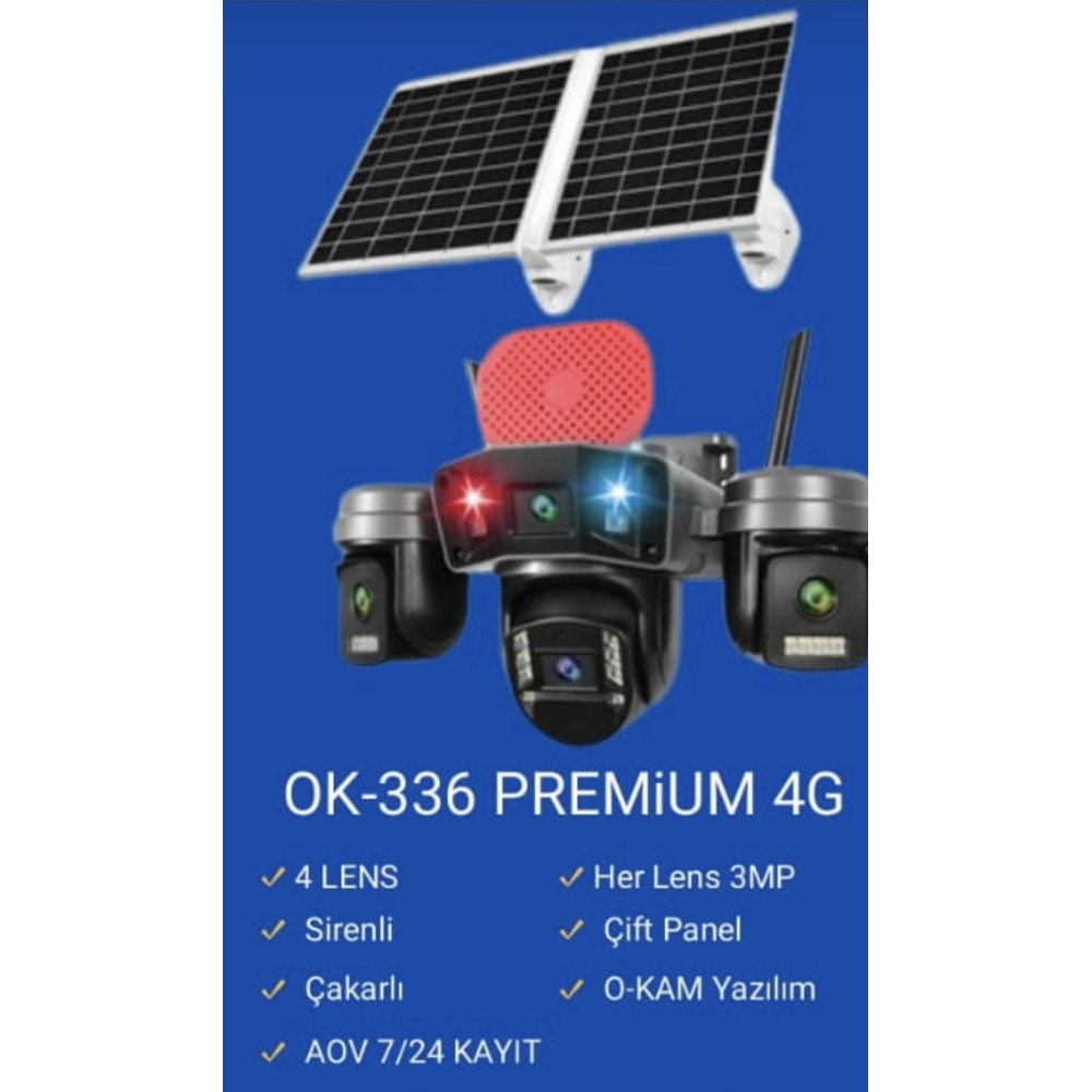4 kameralı 12mp 4G Solar Sim Kartlı o-kam pro Çift Güneş Panelli OK-336PREMiUM4G Güvenlik Kamerası